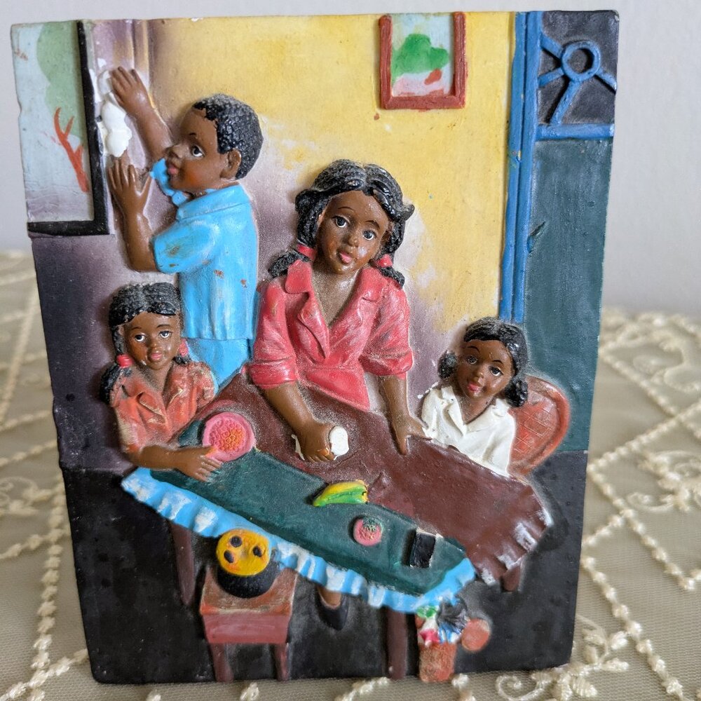 Vintage Chalkware Art Plaque 3D Art of Family Cleaning Chores 4x5